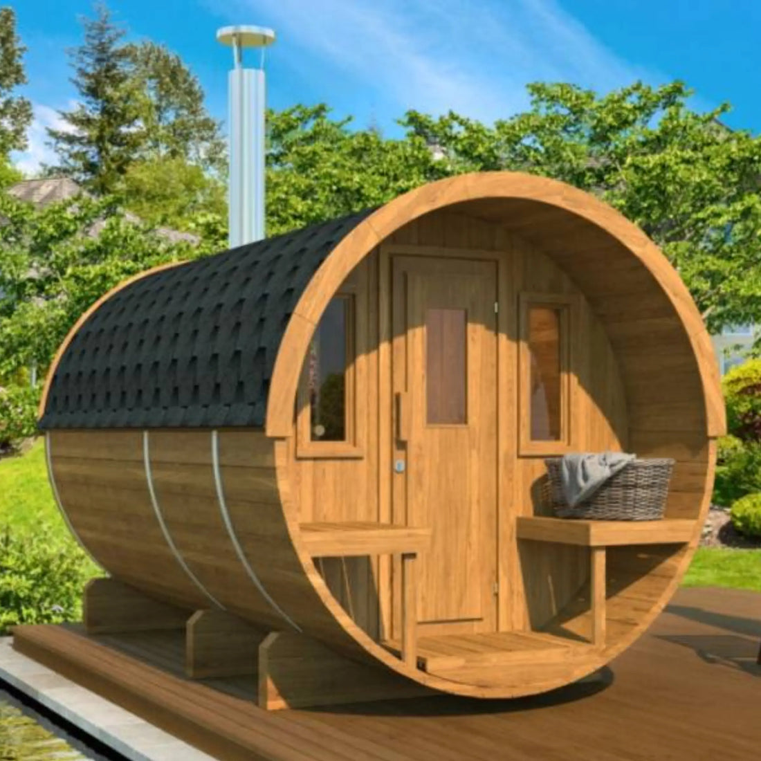Barrel Sauna 330 (with seated canopy & 2 rooms)
