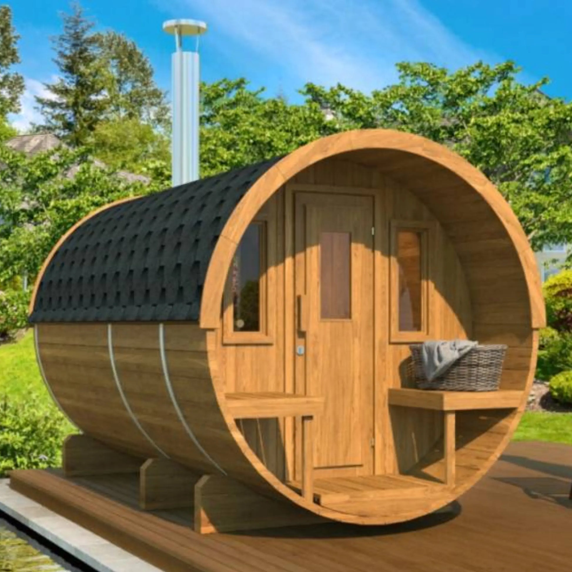 Barrel Sauna 330 (with seated canopy & 2 rooms)